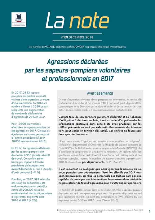 Note ONDRP - Décembre 2018 - Agressions déclarées de sapeurs-pompiers en 2017