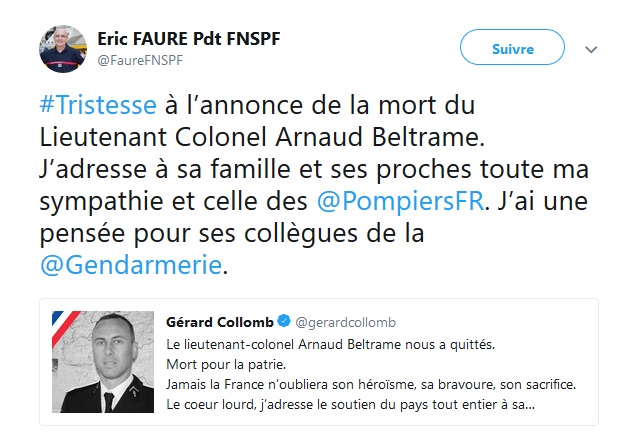 Tweet du président FNSPF Eric Faure - Hommage au LCL décédé en service