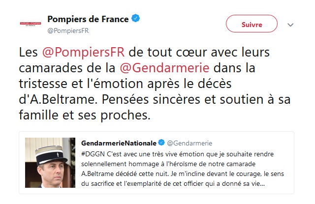 Tweet PompiersFR - Hommage au LCL décédé en service