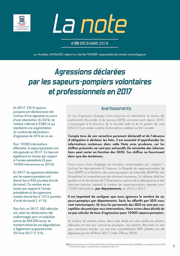 Note ONDRP - Décembre 2018 - Agressions déclarées de sapeurs-pompiers en 2017