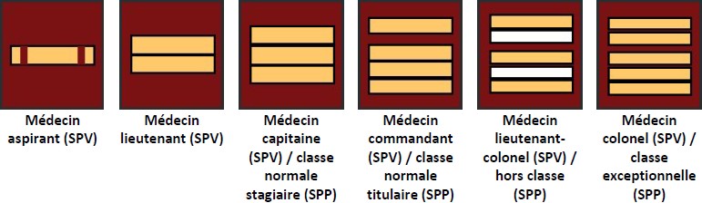 Grades du service de santé et de secours médical (SSSM) : médecins : médecin aspirant SPV, médecin lieutenant SPV, médecin capitaine SPV / classe normal stagiaire SPP, médecin commandant SPV / classe normale titulaire SPP, médecin lieutenant-colonel SPV / hors classe SPP, médecin colonel SPV / classe exceptionnelle SPP