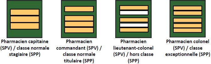 Grades du service de santé et de secours médical (SSSM) : pharmaciens : pharmacien capitaine SPV / classe normale stagiaire SPP, pharmacien commandant SPV / classe normale titulaire SPP, pharmacien lieutenant-colonel SPV / hors classe SPP, pharmacien colonel SPV / classe exceptionnelle SPP