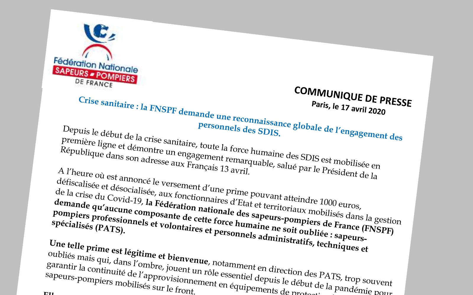 Crise sanitaire : la FNSPF demande une reconnaissance globale de l’engagement des personnels des SDIS