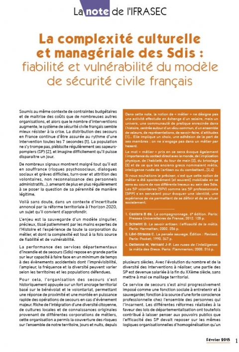 Note IFRASEC : la complexité culturelle et managériale des Sdis