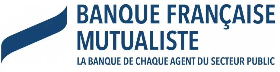Le logo de la "Banque Française Mutualiste". Il présente un ruban stylisé bleu foncé sur la gauche et le texte "BANQUE FRANÇAISE MUTUALISTE" en grandes lettres bleu foncé sur la droite, avec le slogan "LA BANQUE DE CHAQUE AGENT DU SECTEUR PUBLIC" en dessous.